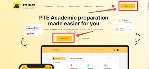 đăng nhập vào pte magic thi thử pte