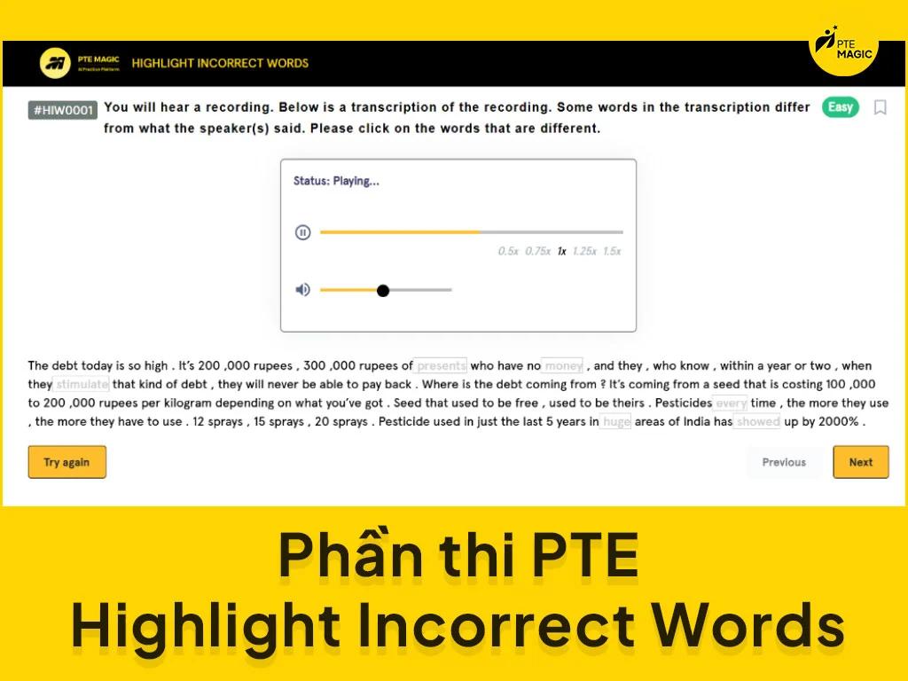 PTE HIGHLIGHT INCORRECT WORDS