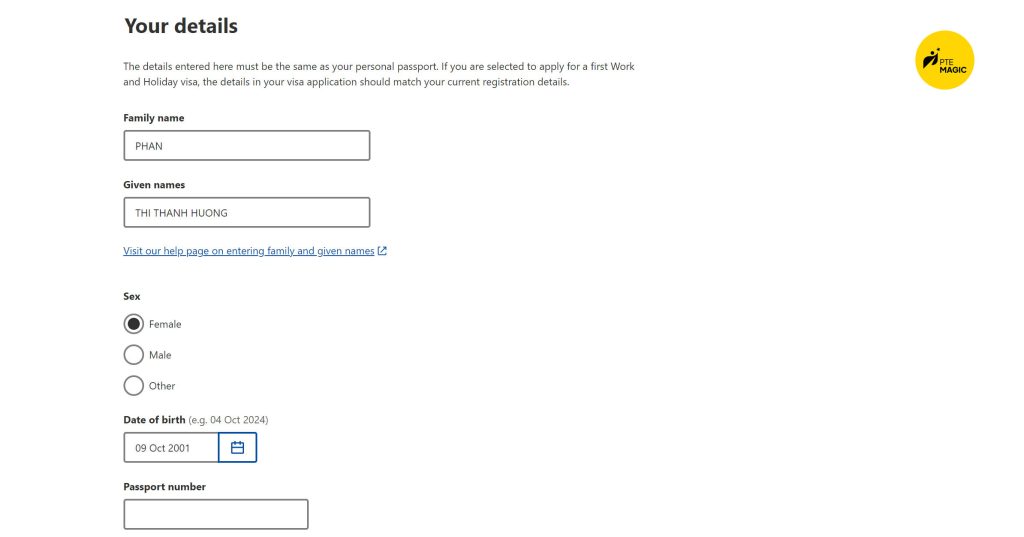 Nhập thông tin Family name, given names, giới tính, ngày sinh và Passport
