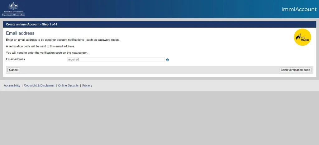 Giao diện đăng ký tài khoản ImmiAccount