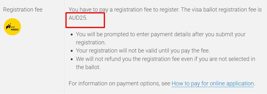 Thông tin về lệ phí đăng ký ballot visa 462 Úc trên trang tin của Bộ Di Trú Úc