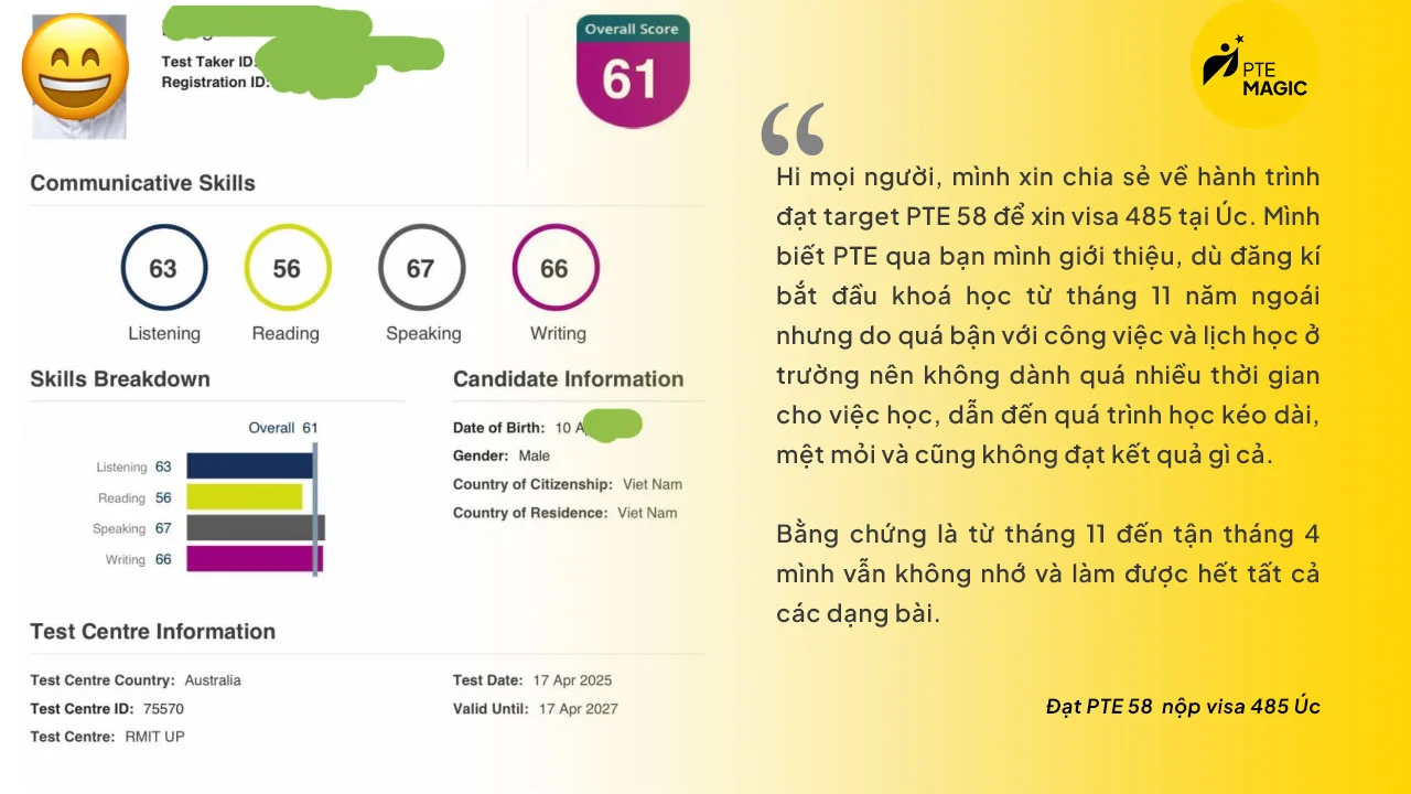 Đạt PTE 58 nộp visa 485 úc