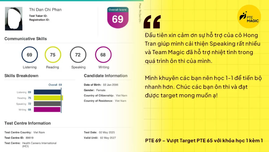 1 tháng đạt PTE 69 với khóa PTE 1 Kèm 1