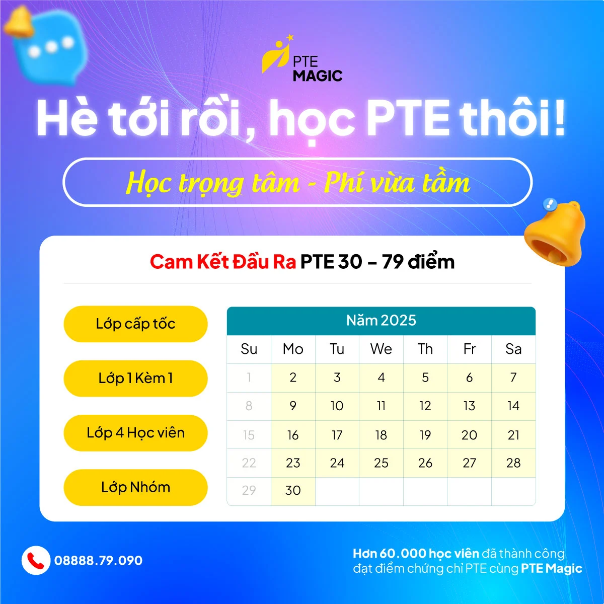 lịch học pte 2025