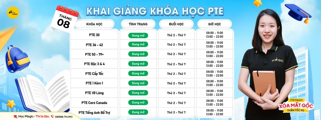 Khai giảng lịch học PTE tháng 08 năm 2025