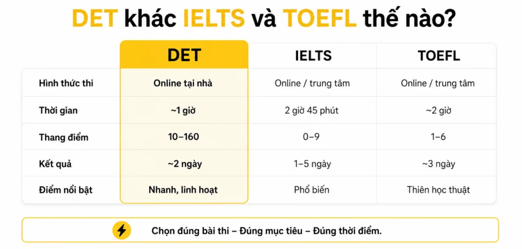 DET khác gì với IELTS và TOCFL